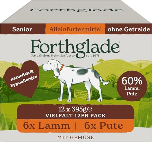 Forthglade Nassfutter für Hunde (12 x 395g Schalen), hypoallergenes & getreidefreies Futter für Senior-Hunde ab 7 Jahren, Hundefutter Mixpaket mit 2 schmackhaften Sorten von Forthglade