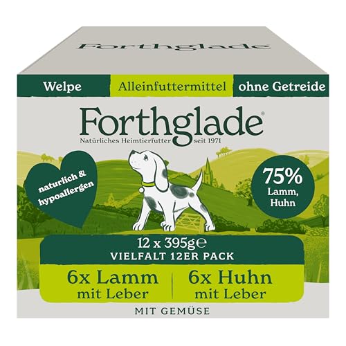 Forthglade Nassfutter für Hunde (Mixpaket, 12 x 395g Schalen) – getreidefreies Futter für Welpen von 2-12 Monaten mit Lamm und Leber & Huhn mit Gemüse, hypoallergenes Hundefutter von Forthglade