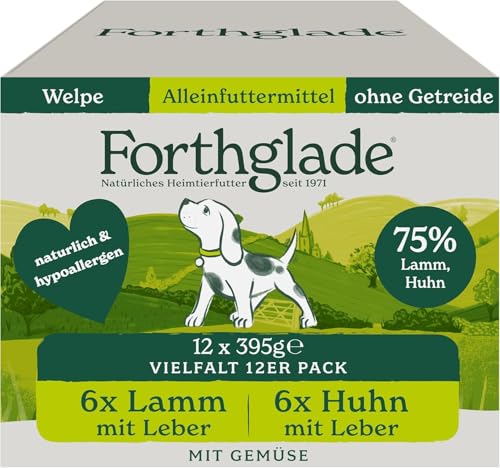 Forthglade Nassfutter für Hunde (Mixpaket, 12 x 395g Schalen) – getreidefreies Futter für Welpen von 2-12 Monaten mit Lamm und Leber & Huhn mit Gemüse, hypoallergenes Hundefutter von Forthglade