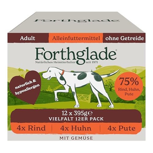 Forthglade Nassfutter für Hunde (Mixpaket, 12 x 395g Schalen) – getreidefreies Futter mit Rind, Pute oder Huhn & Gemüse für ausgewachsene Hunde ab 1 Jahr, hypoallergenes Hundefutter von Forthglade