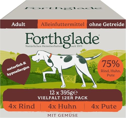 Forthglade Nassfutter (Mixpaket, 12 x 395g Schalen) – getreidefreies Futter mit Rind, Pute oder Huhn & Gemüse für ausgewachsene Hunde ab 1 Jahr, hypoallergenes Hundefutter für sensible Hundemägen von Forthglade