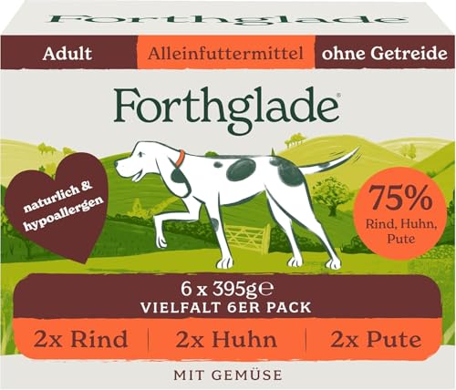 Forthglade Nassfutter für Hunde (Mixpaket, 6 x 395g Schalen) – getreidefreies Futter mit Rind, Pute oder Huhn & Gemüse für ausgewachsene Hunde ab 1 Jahr, hypoallergenes Hundefutter von Forthglade