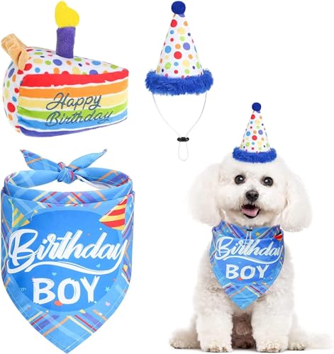 Hund Geburtstag Bandana Hut mit Kuchen Plüsch Quietschspielzeug Geburtstag Junge Dreieck Schal und Verstellbarer Polka Dot Hut, Niedliche Geburtstag Party Supplies für kleine und mittelgroße Hunde von Forwardog