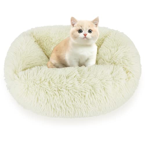 Foscvfu Beruhigendes Katzenbett für kleine Hunde, süßer Donut, maschinenwaschbar, weicher Flaum, Anti-Angst, Welpen-Sofas, flauschiges Kätzchen, Heizung, Tierhaus-Kissen, 61 cm von Foscvfu