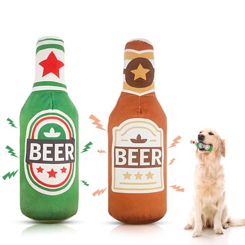 Fosoloni 2 Stück Quietschendes Hundespielzeug, Bierflaschen KausInteraktives, Hundespielzeug Unzerstörbar, Plüschhundespielzeug für Kleine Mittlere Große Hunde von Fosoloni