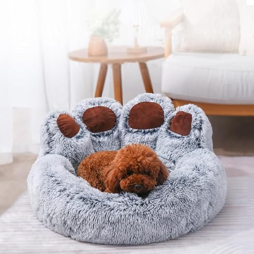 Hundebett cord Beruhigendes Hunde- und Katzenbett, Haustiersofa, Haustiersofa, Pfotenförmiges Haustierbett, weiches, Flauschiges Kunstfell-Plüsch-Katzenkissen, Hundeschlafnest, dunkel(B,50cm) von FouncY