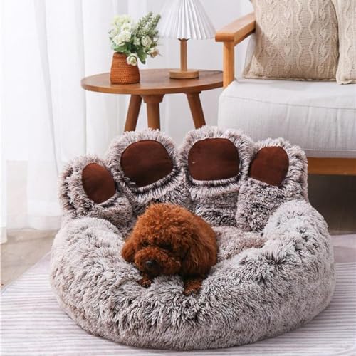 Hundebett cord Beruhigendes Hunde- und Katzenbett, Haustiersofa, Haustiersofa, Pfotenförmiges Haustierbett, weiches, Flauschiges Kunstfell-Plüsch-Katzenkissen, Hundeschlafnest, dunkel(C,50cm) von FouncY