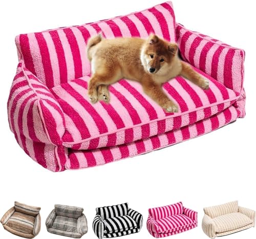 Hundebett cord Lazy Holiday Plüsch-Schlafsofa for Hunde und Katzen, Teddy-Samt-Hundebett, trendig gestreiftes doppellagiges Hunde- und Katzen-Schlafsofa aus künstlicher Lammwolle, flauschige Hunde-Sch von FouncY