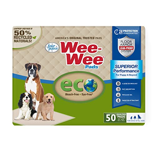 Four Paws Wee-Wee Superior Performance Eco Pee Pads für Hunde und Welpen für das Training im Haus, 6-lagige auslaufsichere Technologie, bleichfrei, farbstofffrei, groß, 56 cm x 58 cm, 50 Stück von Four Paws