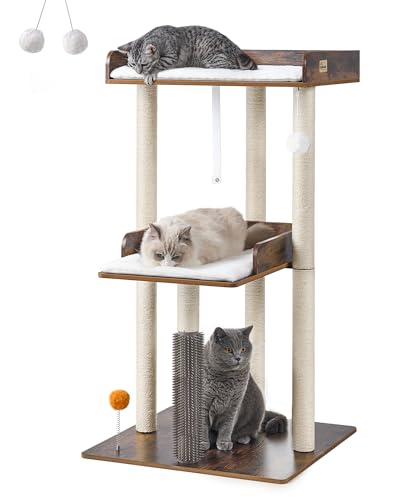 FourFurPets 111.0 cm Katzenbaum, moderner Katzenbaum Turm für große Indoor-Katzen, 3-stöckiges Katzenhaus mit Kratzbaum und abnehmbaren Pads, Holz-Katzenbaum mit großer Sitzstange für erwachsene von FourFurPets