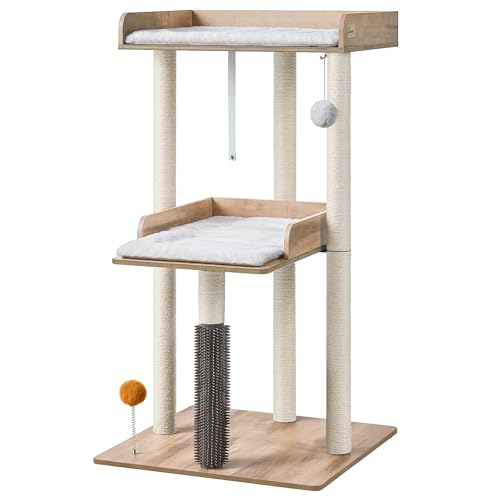 FourFurPets 111cm Katzenbaum, moderner Katzenbaumturm, Katzenturm für große Erwachsene Hauskatzen, großer Katzenbaum mit Kratzsäule, Katzenhöhle für Erwachsene Katzen, Greige von FourFurPets