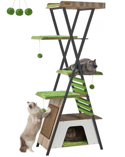 FourFurPets 183.9 cm Modern Cat Tree Tower - Mehrstöckige Höhle Höhlen, hoher Katzenbaum mit Kratzbrett, Holzturm mit großer Sitzstange, abnehmbare Pads, Greige von FourFurPets