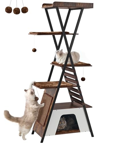 FourFurPets Großer Katzenbaum, 184 cm hoher Holz-Katzenturm für Indoor-Katzen, großer Erwachsener, moderner Katzenbaumturm mit Höhlen, mehrstöckiges Katzenhaus mit Katzenkratzbrett und abnehmbaren von FourFurPets