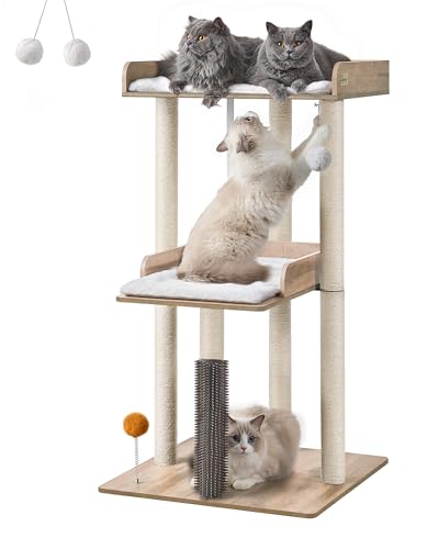 FourFurPets Moderner Kratzbaum für große Katzen, 111 cm, Katzenbaum Turm für Indoor-Katzen, großer Katzenbaum mit Kratzbaum, mehrstufige Katzenhütte mit Selbstpflege, weiche Sitzstangen, Greige von FourFurPets