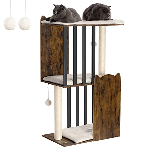 FourFurPets 111,3 cm 3-stöckiger moderner Kratzbaum Turm Condo, Katzenkratzbäume für Indoor-Katzen, großer Teller, zwei 50 cm große Kratzstämme aus Vollsisal, rustikales Braun von FourFurPets