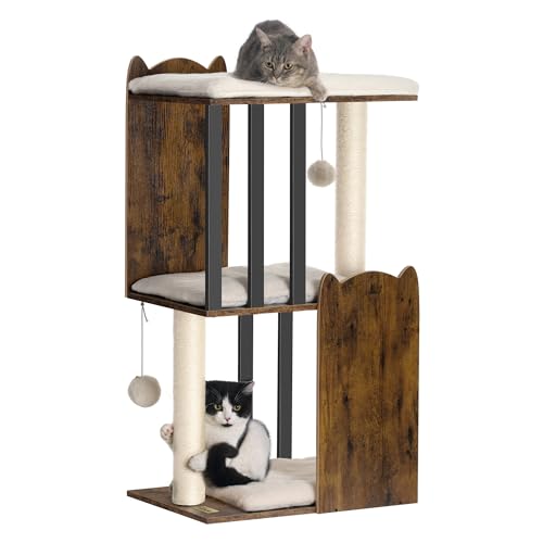 FourFurPets 89,9 cm 3-stöckiger moderner Katzenbaum Turm Condo, Katzenkratzbäume für Indoor-Katzen, großer Teller, zwei Vollsisal-Kratzstämme, rustikales Braun von FourFurPets