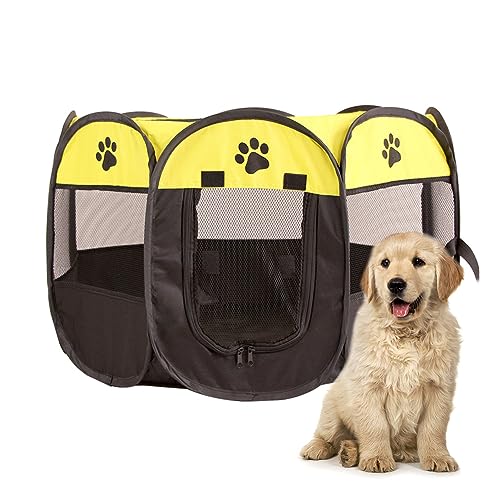 Welpenlaufstall Für Drinnen - Welpenauslauf Indoor Hundepark 73x73x43cm - Katzengehege Mit 2 TüRen, Inklusive Ball - Zusammenklappbar, Ideal für Hunde, Katzen & Kleintiere (Fruchtgrün + Schwarz) von Fouvin