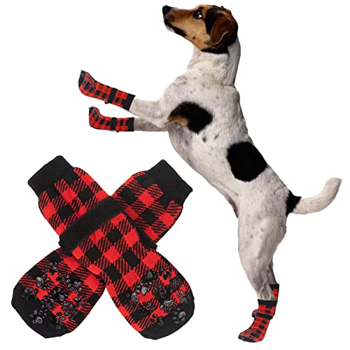 Anti Rutsch Hundesocken,Doppelseitige rutschfeste Winter Warme Hundeschuhe Klassisch kariertes Design Hundepfotenschutz für kleine mittelgroße Hunde,Winter Zehengriffe für Hunde Katzen Hundesocken von Fowybe