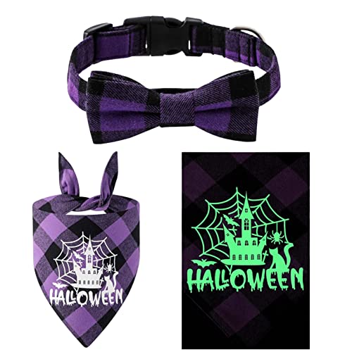 Fowybe Haustier Bandanas Halsband Halloween,Einzigartiger leuchtender dreieckiger Hundeschal - Verstellbares Feiertags-Hundehalsband, Haustier-Lätzchen, Halloween-Themenmuster für Hunde und Katzen von Fowybe