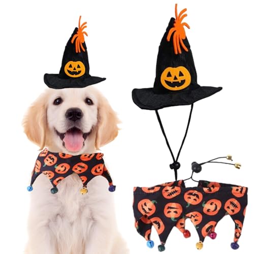 Fowybe Hundehexenkostüm - Katzen-Halloween-Mütze, Schal mit Kürbismustern, Spinnenglocken-Dekor,Verstellbares, bequemes Haustierkostüm für Katzen und Hunde, Halloween-Partygeschenke von Fowybe