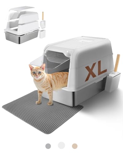 FoxFocus XL Katzentoiletten für Großkatzen, Edelstahl Katzentoilette mit Deckel, Geschlossene Katzentoiletten für Katzen mit Matte & Schaufel, Antihaftbeschichtung, einfache Reinigung, Anti-Auslaufen, von FoxFocus