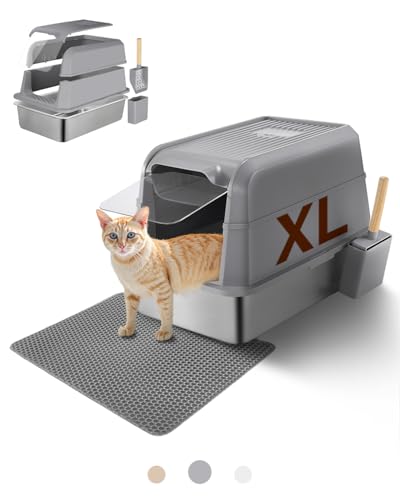 FoxFocus XL Katzentoiletten für Großkatzen, Edelstahl Katzentoilette mit Deckel, Geschlossene Katzentoiletten für Katzen mit Matte & Schaufel, Antihaftbeschichtung, einfache Reinigung, Anti-Auslaufen, von FoxFocus