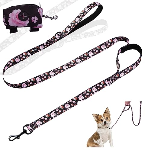 Foxyep Hundeleine, 2 Griffe mit gepolstertem Griff für zusätzliche Kontrolle, mit einem Hundekotbeutel, niedliches Mädchen-Hundeleine, Blumen-Design für kleine, mittelgroße und große Hunde, Welpen von Foxyep