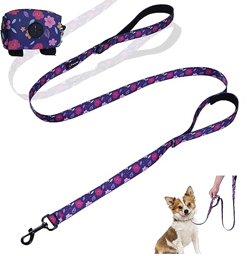 Foxyep Hundeleine, 2 Griffe mit gepolstertem Griff für zusätzliche Kontrolle, mit einem Hundekotbeutel, niedliches Mädchen-Hundeleine, Blumen-Design für kleine, mittelgroße und große Hunde, Welpen von Foxyep