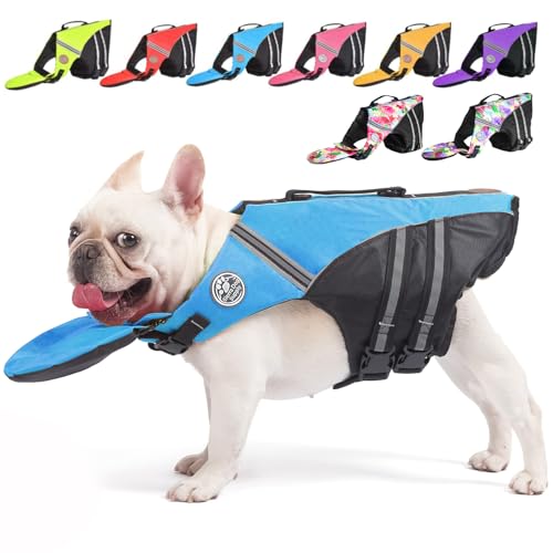 Schwimmweste für Hunde mit französischer Bulldogge, hohe Flotation, zum Schwimmen, Bootfahren, reflektierende Hunde-Schwimmweste mit Kinnschwimmer und Rettungsgriff (Brustumfang: 43,2 cm bis 76,2 cm, von Fragralley