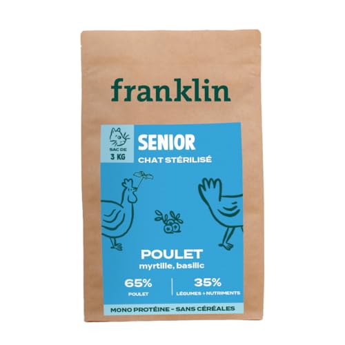 Franklin Fleischfresser - Trockenfutter Katzenfutter für Seniorkatze - 3kg - 65% Geflügel - Getreidefrei - Vitalität - Gelenke - Größe 9mm - Huhn, Blaubeere, Basilikum von Franklin