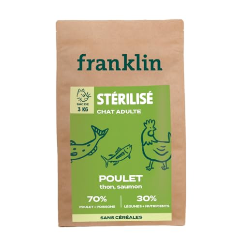 Franklin Trockenfutter für sterilisierte Katzen – Reich an Huhn – 70% Fleisch und Fisch – getreidefrei – Mono-Protein Größe – 9 mm – 3 kg von Franklin