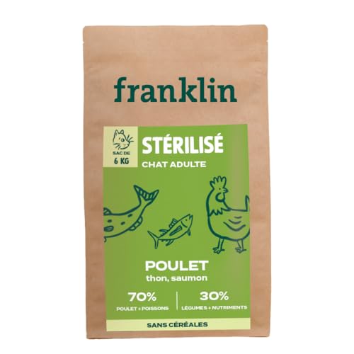 Franklin Fleischfresser, sterilisierte Katzenfutter, 6 kg, ohne Getreide, 70 % Fleisch und Fisch – Gewichtskontrolle – Größe 9 mm – Huhn, Thunfisch, Lachs von Franklin