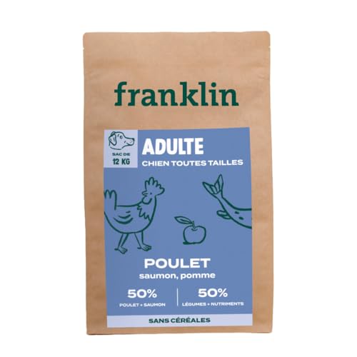 Franklin Sterilisiertes Hundefutter – Waage-Serie – mit 50% Huhn und Lachs – getreidefreies Trockenfutter – Größe 13 mm – 12 kg von Franklin