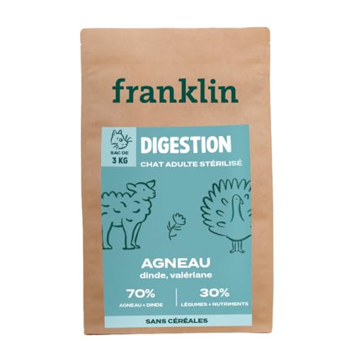 Franklin – Trockenfutter Katzenfutter für empfindliche sterilisierte Katzen – 3 kg – ohne Getreide – leichte Verdauung – Anti-Stress-Katze – Lamm, Truthahn, Baldrian von Franklin