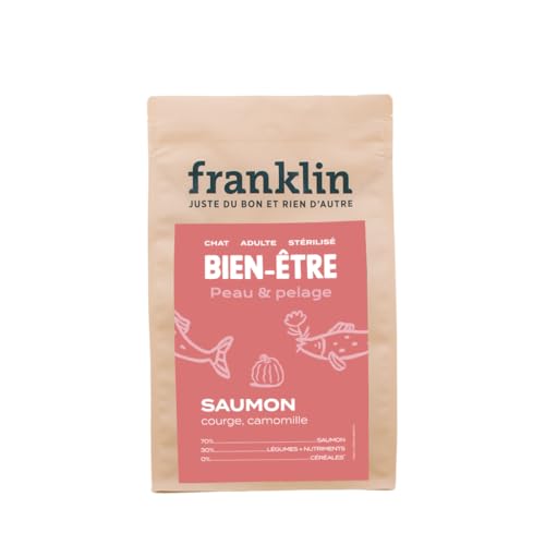 Franklin Wohlbefinden – sterilisiertes Katzenfutter – 3 kg – ohne Getreide – 70 % Lachs – hypoallergen – Haut und Fell – Größe 10 mm – Lachs, Kürbis, Kamille von Franklin