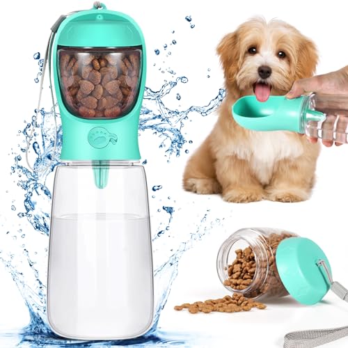 Frasheng 550ml Hundetrinkflasche,inkl. 80g Futterbehälter,Hunde Trinkflasche für unterwegs,Wasserflasche für Hund und Katze,Auslaufsicher,Tragbare Wasserflasche Hund,mit Wasser Rücklaufventil (Blau) von Frasheng