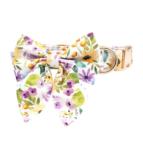 Hundehalsband mit Fliege, Fliege für Hunde, Blumenmuster, Matrosenfliege, verstellbar, violett, Halsbänder, Zubehör, Geburtstagsgeschenk für kleine, mittelgroße und große Welpen, mit goldener von Free Sunday