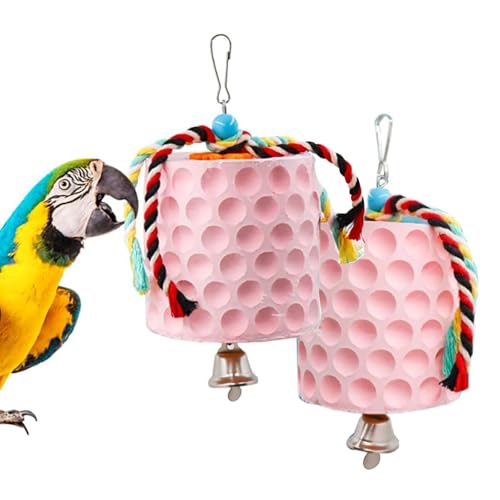 Frenaki Extra großes Vogel-Kauspielzeug, Papageienschnabelschleif-Kalziumstein mit Glöckchen und farbigen Baumwollseilen, natürliches, karbonisiertes Holzkapselspielzeug, zum Klettern (2Pcs) von Frenaki