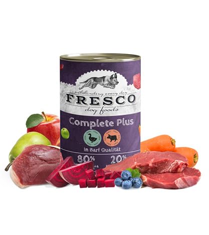 FRESCO Dog Complete Plus NassBarf Ente mit Rind 12 x 400g | Nassbarf getreidefrei für Hunde| gesund und natürlich | ohne künstliche Zusätze | Made in Germany von Fresco Dog