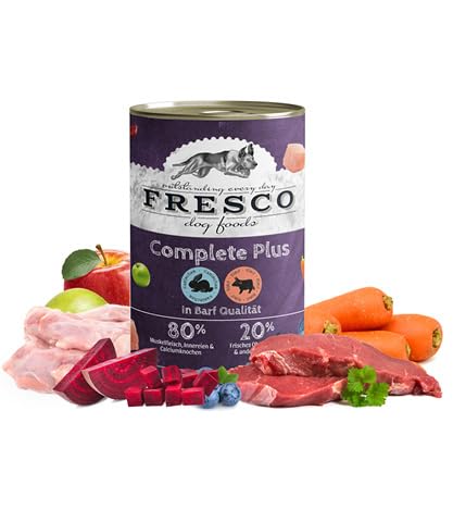 FRESCO Dog Complete Plus NassBarf Kaninchen mit Rind 12 x 400g | Nassbarf getreidefrei für Hunde| gesund und natürlich | ohne künstliche Zusätze | Made in Germany von Fresco Dog