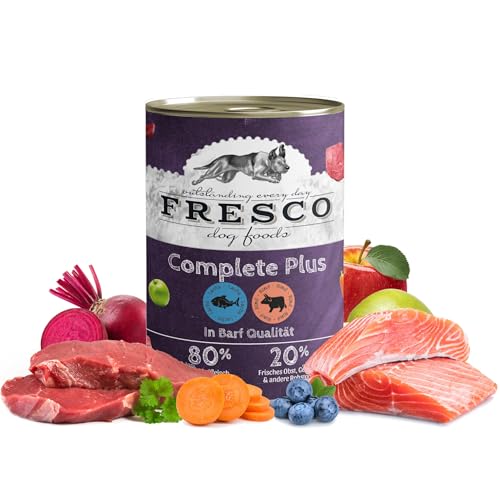 FRESCO Dog Complete Plus NassBarf Lachs mit Rind 12 x 400g | Nassbarf getreidefrei für Hunde| gesund und natürlich | ohne künstliche Zusätze | Made in Germany von Fresco Dog