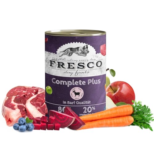 FRESCO Dog Complete Plus NassBarf Ziege 12 x 400g | Nassbarf getreidefrei für Hunde| gesund und natürlich | ohne künstliche Zusätze | Made in Germany von Fresco Dog