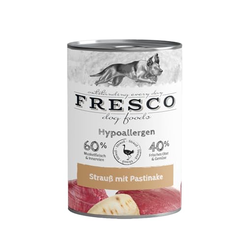 FRESCO Dog Hypoallergen-Menü Strauß mit Pastinake - hypoallergenes Hundefutter Nassfutter 12x 400g in Barf-Qualität von Fresco Dog