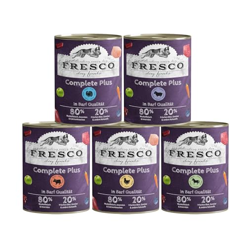 FRESCO Dog Nassbarf Complete Plus Probierpaket 5x800g I fleischiges Nassfutter für Hunde in Barf Qualität I aus 100% frischem Fleisch, Innereien, Obst und Gemüse | Hundefutter ohne künstliche Zusätze von Fresco Dog