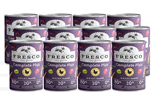 FRESCO Dog Nassbarf Complete Plus Huhn 12x400g | fleischiges & proteinreiches Hunde Nassfutter| getreidefreies Barf | aus 100% frischem Fleisch, Innereien, Obst und Gemüse | ohne künstliche Zusätze von Fresco Dog