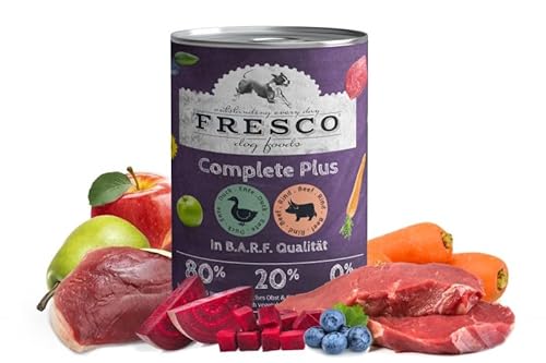 Fresco Complete Plus (haltbares B.A.R.F.) Ente mit Rind | 6 x 400g | Hoher Anteil an frischem Fleisch und frischen Innereien | schonend dampfgegart | Nassfutter für Hunde von Fresco