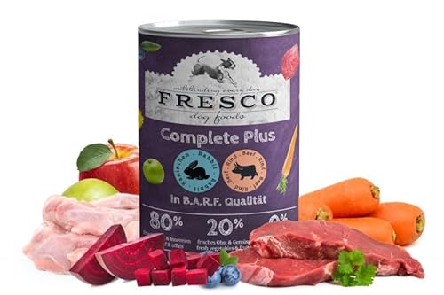 Fresco Complete Plus (haltbares B.A.R.F.) Kaninchen mit Rind | 6 x 400g | Hoher Anteil an frischem Fleisch und frischen Innereien | schonend dampfgegart | Nassfutter für Hunde von Fresco