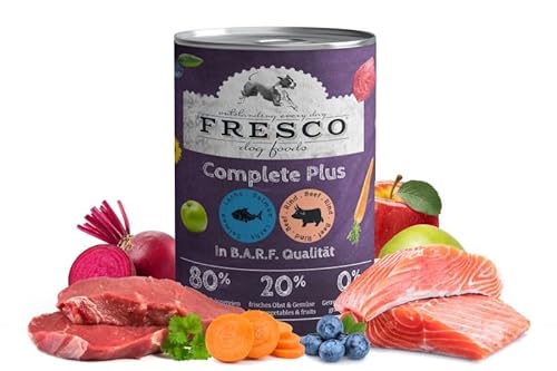 Fresco Complete Plus (haltbares B.A.R.F.) Lachs mit Rind | 6 x 400g | Hoher Anteil an frischem Fleisch und frischen Innereien | schonend dampfgegart | Nassfutter für Hunde von Fresco