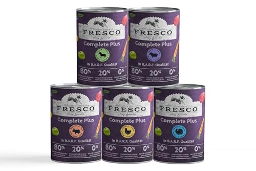 Fresco Complete Plus (haltbares B.A.R.F.) Probierpaket | 5 x 400g | Hoher Anteil an frischem Fleisch und frischen Innereien | schonend dampfgegart | Nassfutter für Hunde von Fresco