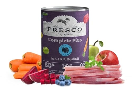 Fresco Complete Plus (haltbares B.A.R.F.) Pute | 6 x 400g | Hoher Anteil an frischem Fleisch und frischen Innereien | schonend dampfgegart | Nassfutter für Hunde von Fresco